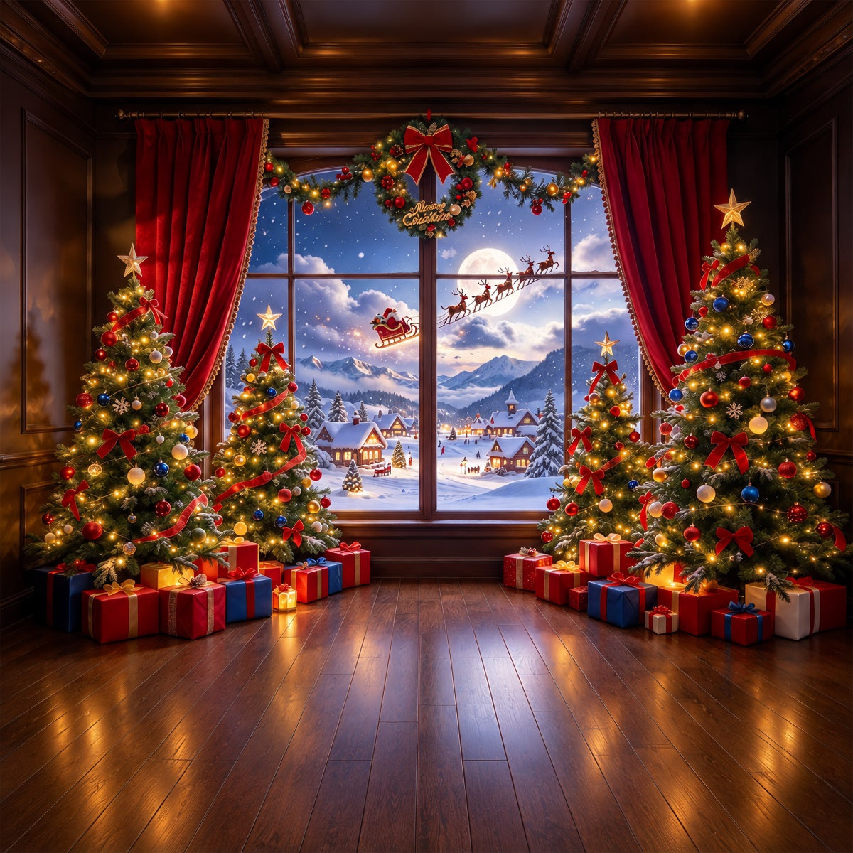 Santa Backdrop Window View Sleigh Snow Christmas Backdrops ZTT610-33