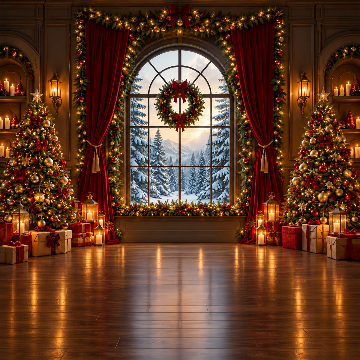 Christmas Backdrops Grand Window Snowy Forest Christmas Backdrop for Photos ZTT610-35