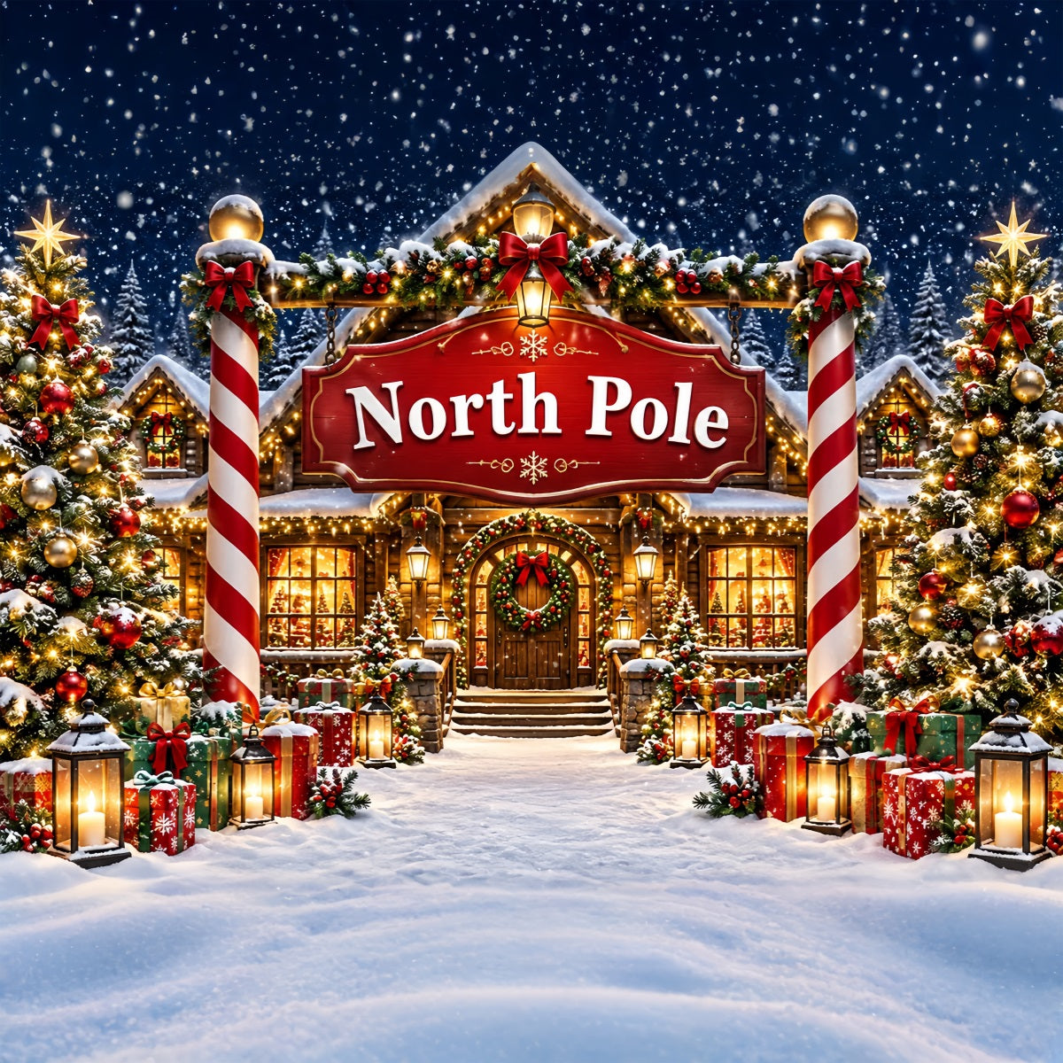 North Pole Photo Backdrop Snowy Cozy House Entrance Professional Christmas Backdrop ZTT610-36