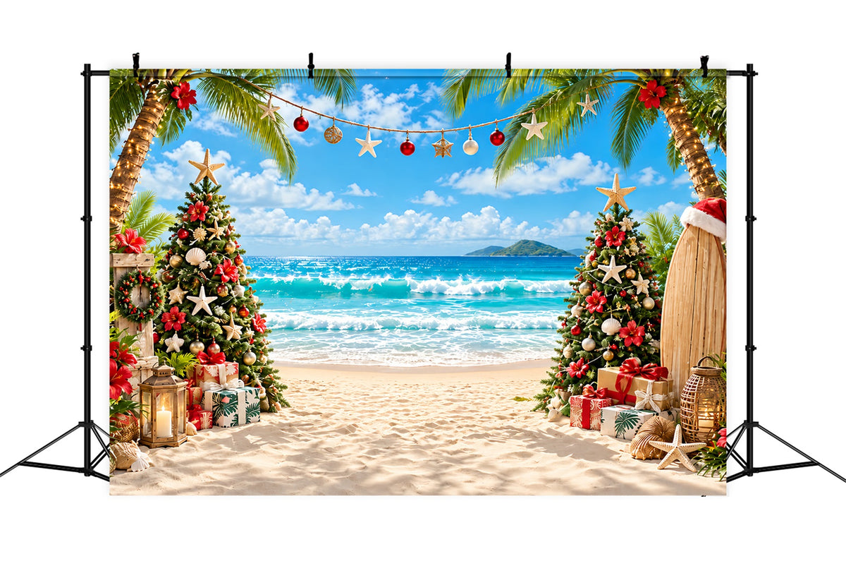 Tropical Christmas Backdrop Sea Beach Surfboard Tree Christmas Backdrops for Photos ZTT610-37