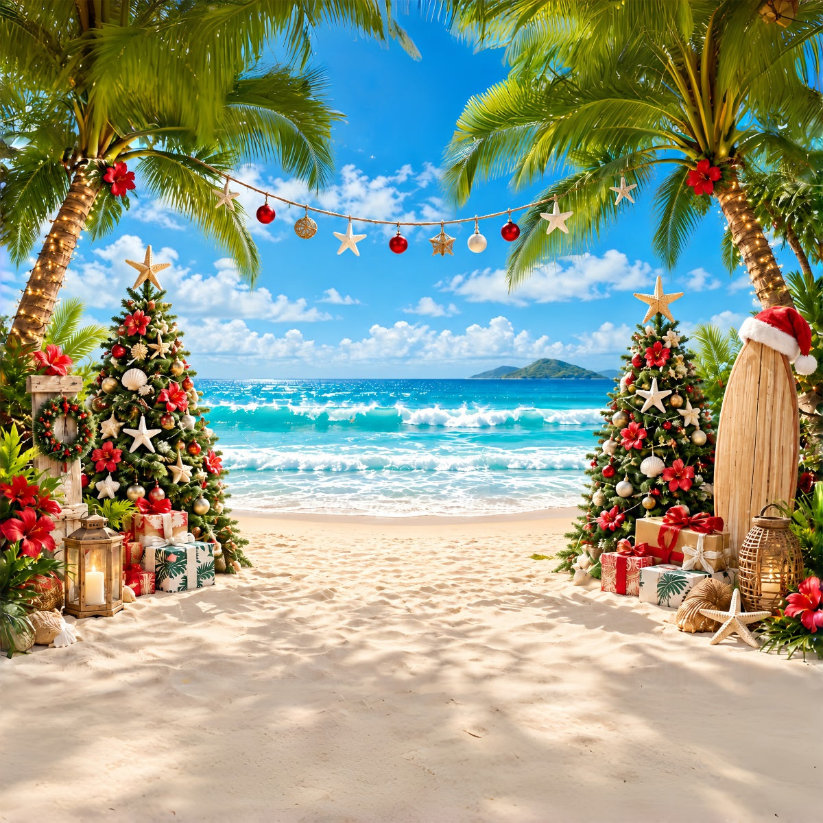 Tropical Christmas Backdrop Sea Beach Surfboard Tree Christmas Backdrops for Photos ZTT610-37
