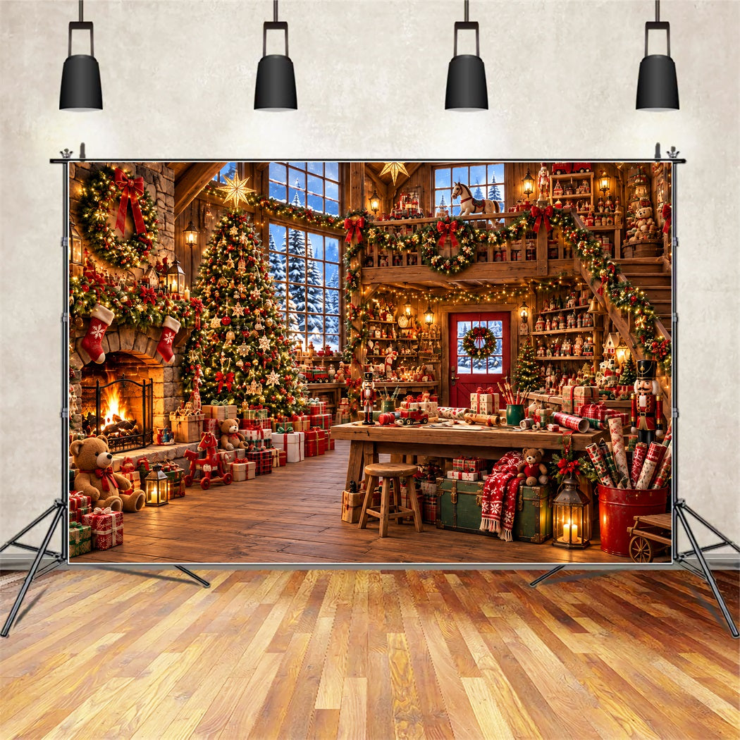 Santa Workshop Backdrop Rustic Cabin Toy Workshop Christmas Backdrops for Photography ZTT610-39