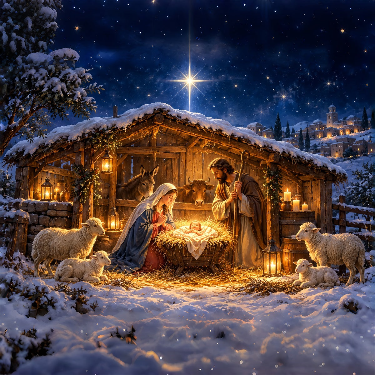 Nativity Scene Backdrop Starry Bethlehem Manger Stable Christmas Photo Backdrops ZTT610-4