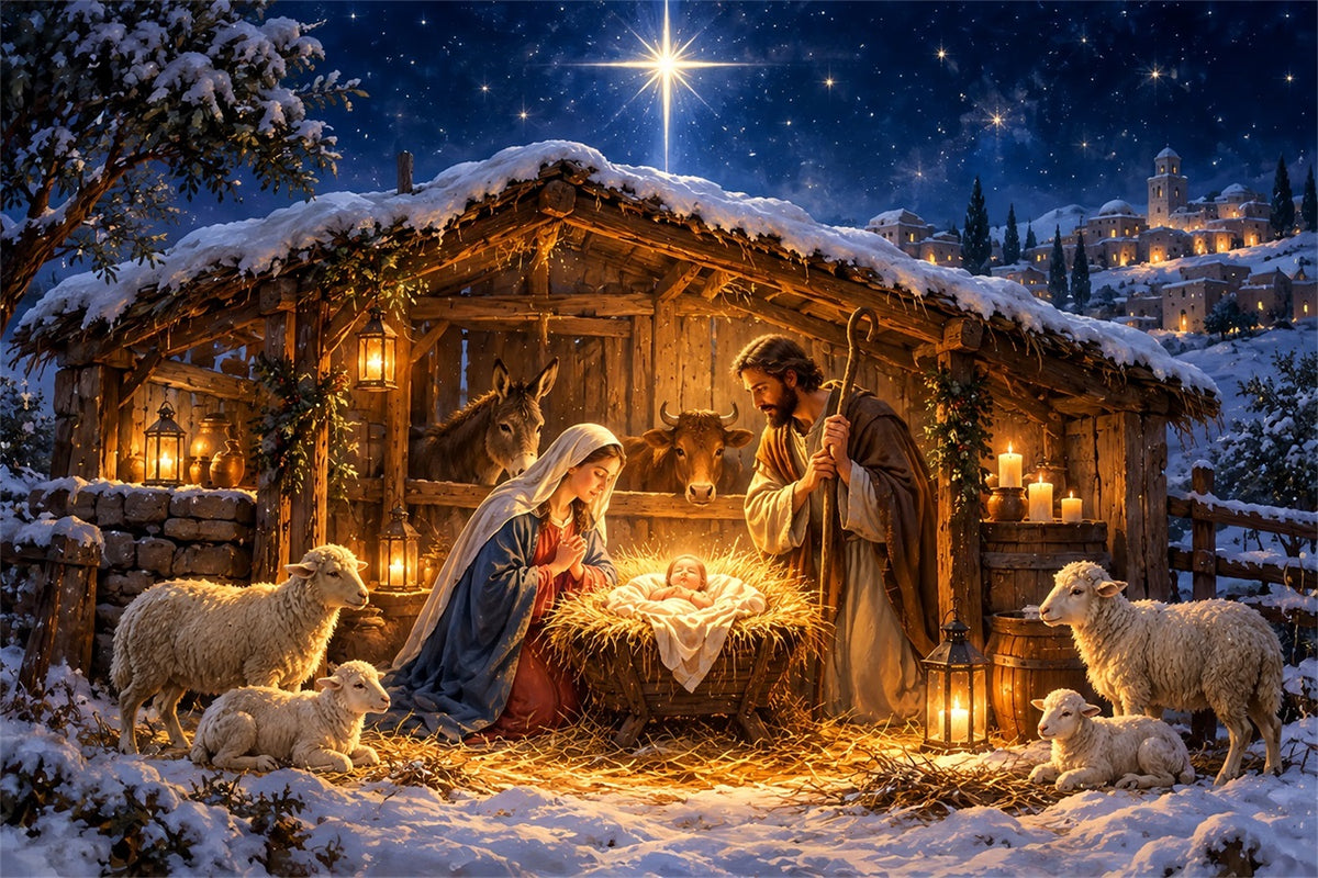 Nativity Scene Backdrop Starry Bethlehem Manger Stable Christmas Photo Backdrops ZTT610-4