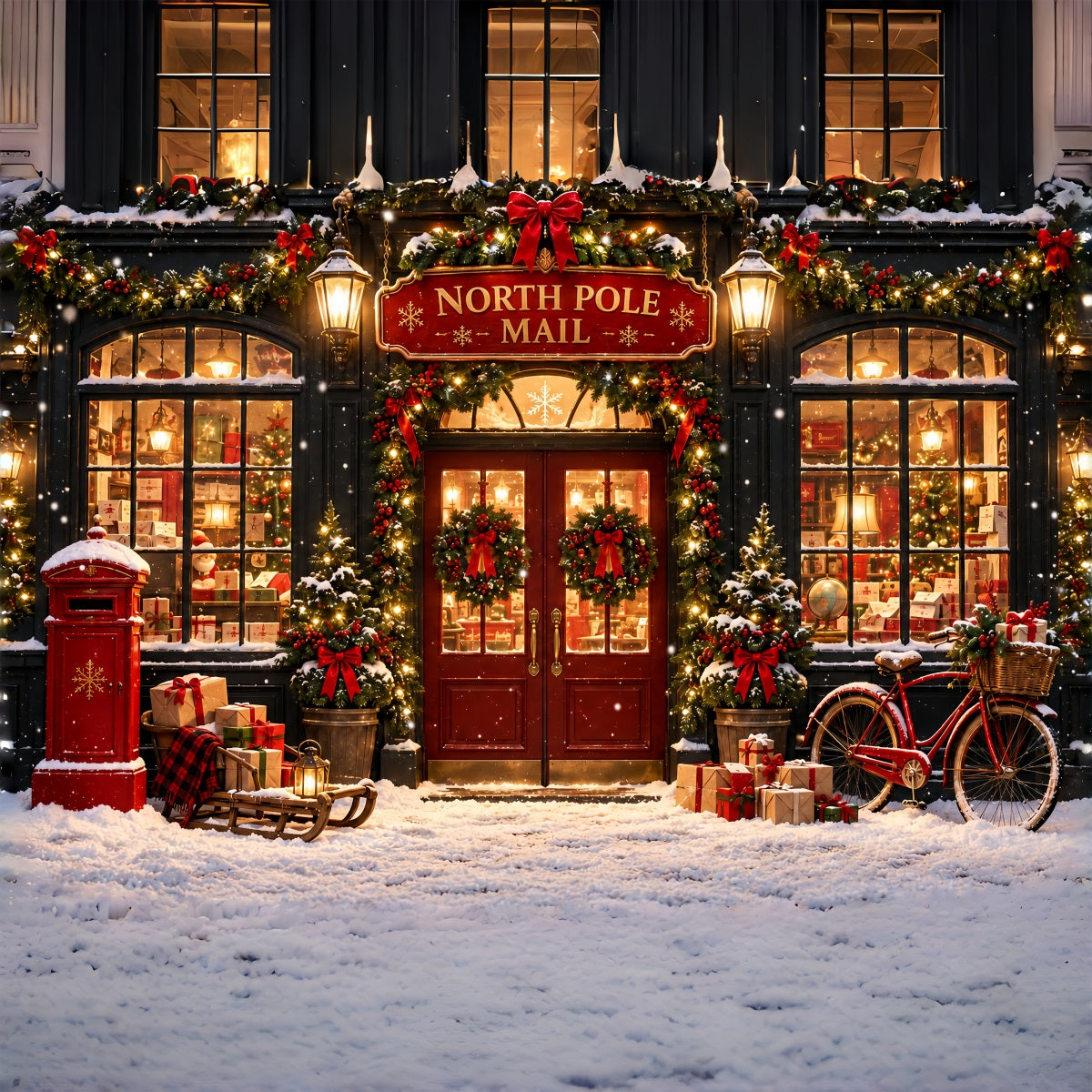 North Pole Photo Backdrop Winter Snow Mail Station Christmas Photography Backdrops ZTT610-43