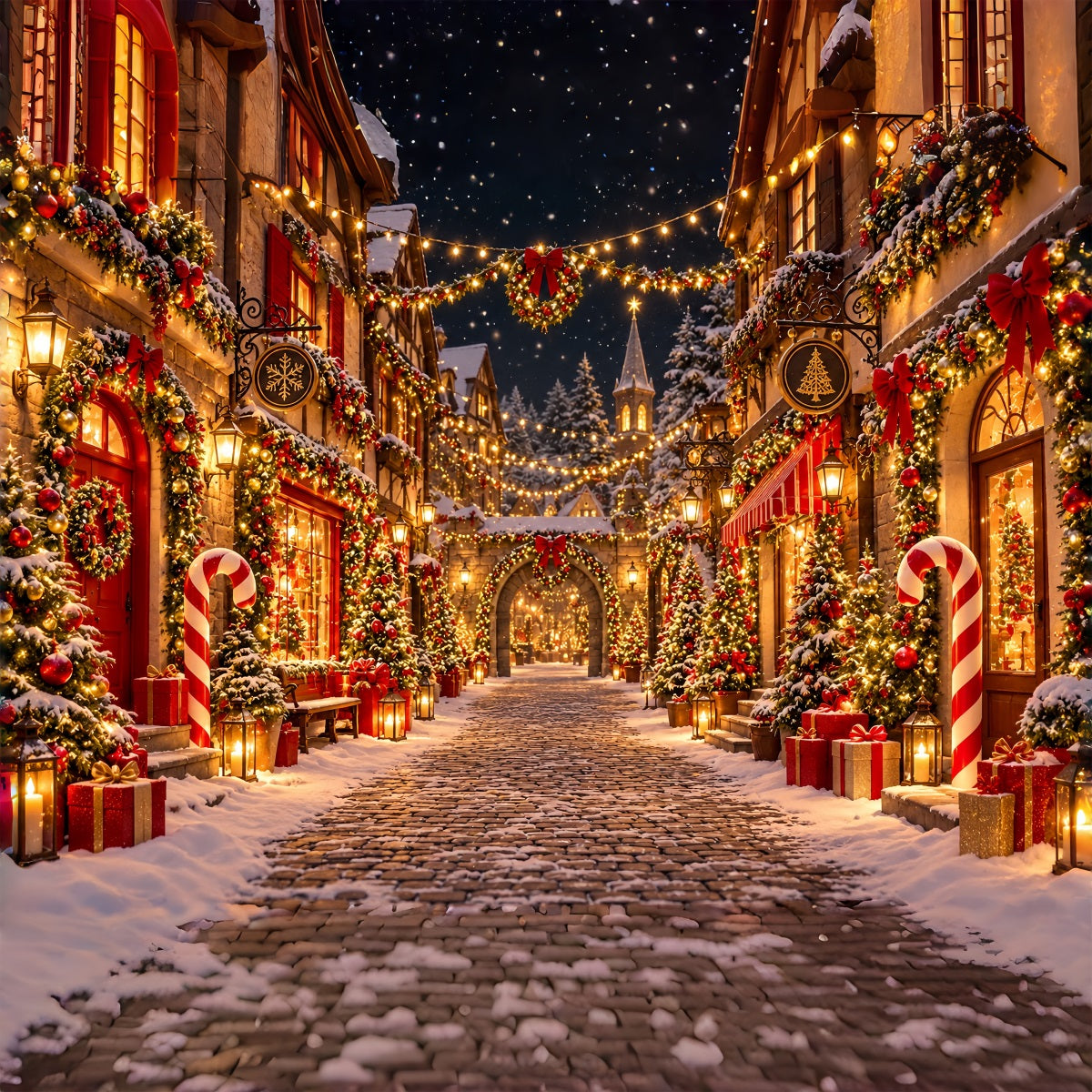 Christmas Village Backdrops Snowy Cobblestone Street Photography Christmas Backdrops ZTT610-44