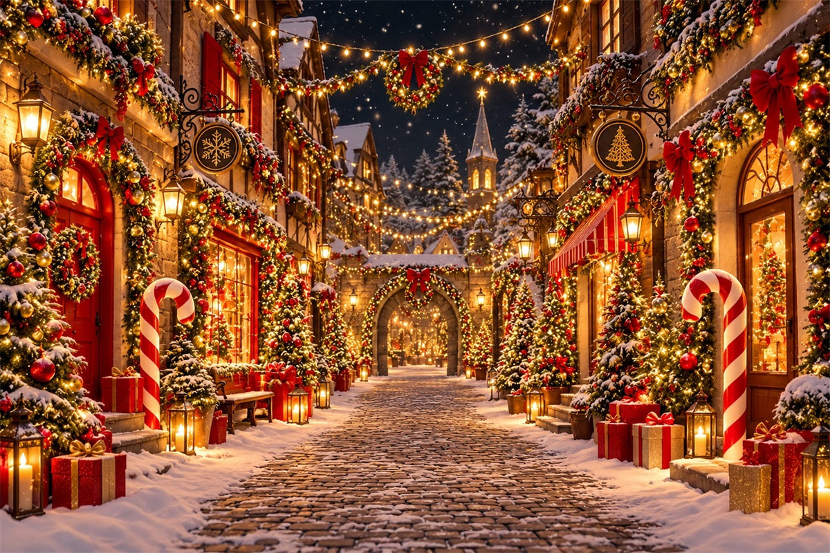 Christmas Village Backdrops Snowy Cobblestone Street Photography Christmas Backdrops ZTT610-44