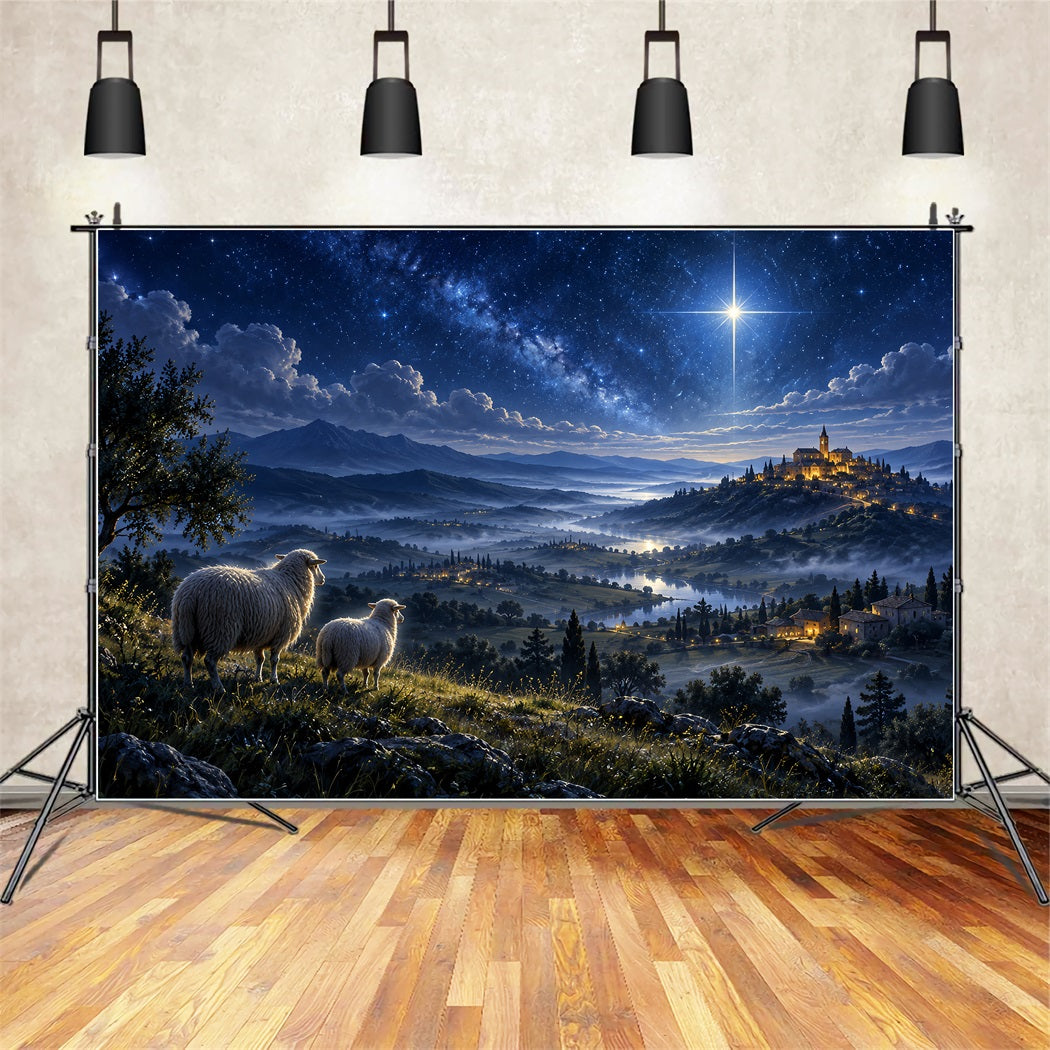 Nativity Scene Backdrop Starry Bethlehem Hillside Sheep Christmas Backdrop Photography ZTT610-45
