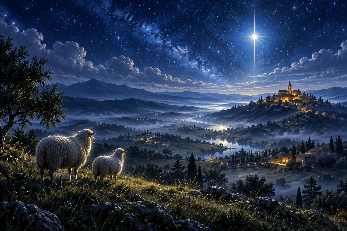 Nativity Scene Backdrop Starry Bethlehem Hillside Sheep Christmas Backdrop Photography ZTT610-45