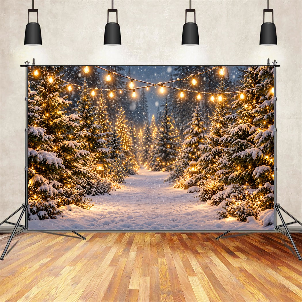 Christmas Tree Farm Backdrop Glowing Snowy Forest Path Christmas Tree Backdrops ZTT610-46