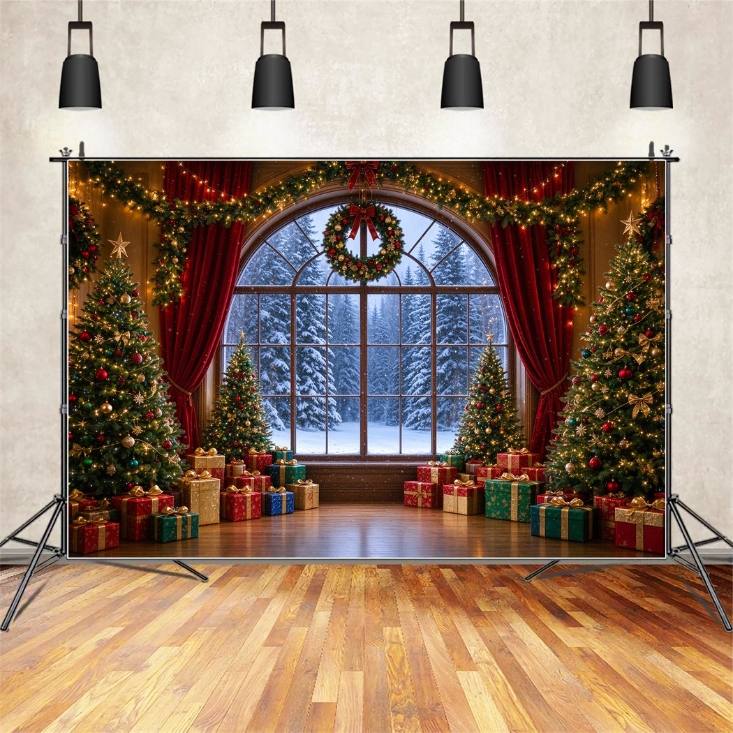 Christmas Backdrops Arched Window View Snowy Forest Christmas Backdrop for Photos ZTT610-5