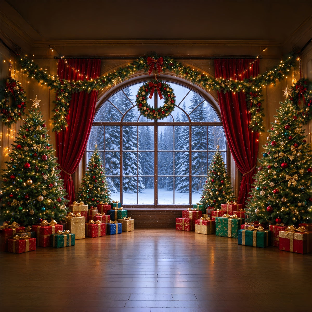 Christmas Backdrops Arched Window View Snowy Forest Christmas Backdrop for Photos ZTT610-5