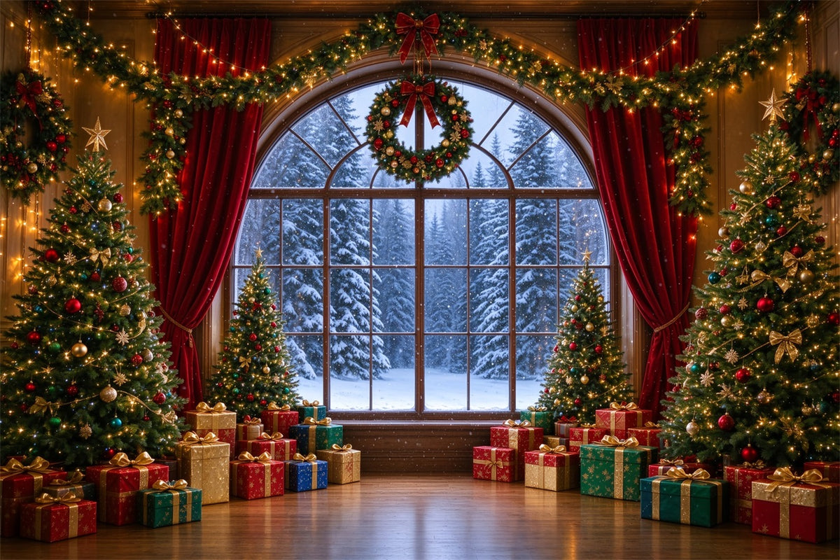Christmas Backdrops Arched Window View Snowy Forest Christmas Backdrop for Photos ZTT610-5