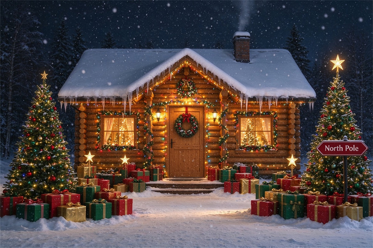North Pole Photo Backdrop Winter Snow Rustic Cabin Professional Christmas Backdrop ZTT610-6