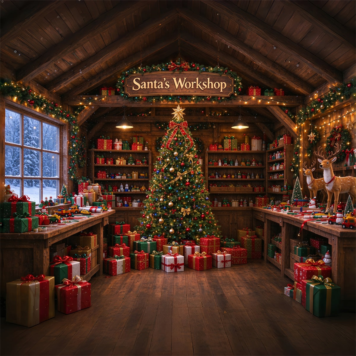 Santa Workshop Backdrop Rustic Toymaking Workshop Interior Christmas Backdrops for Photography ZTT610-9
