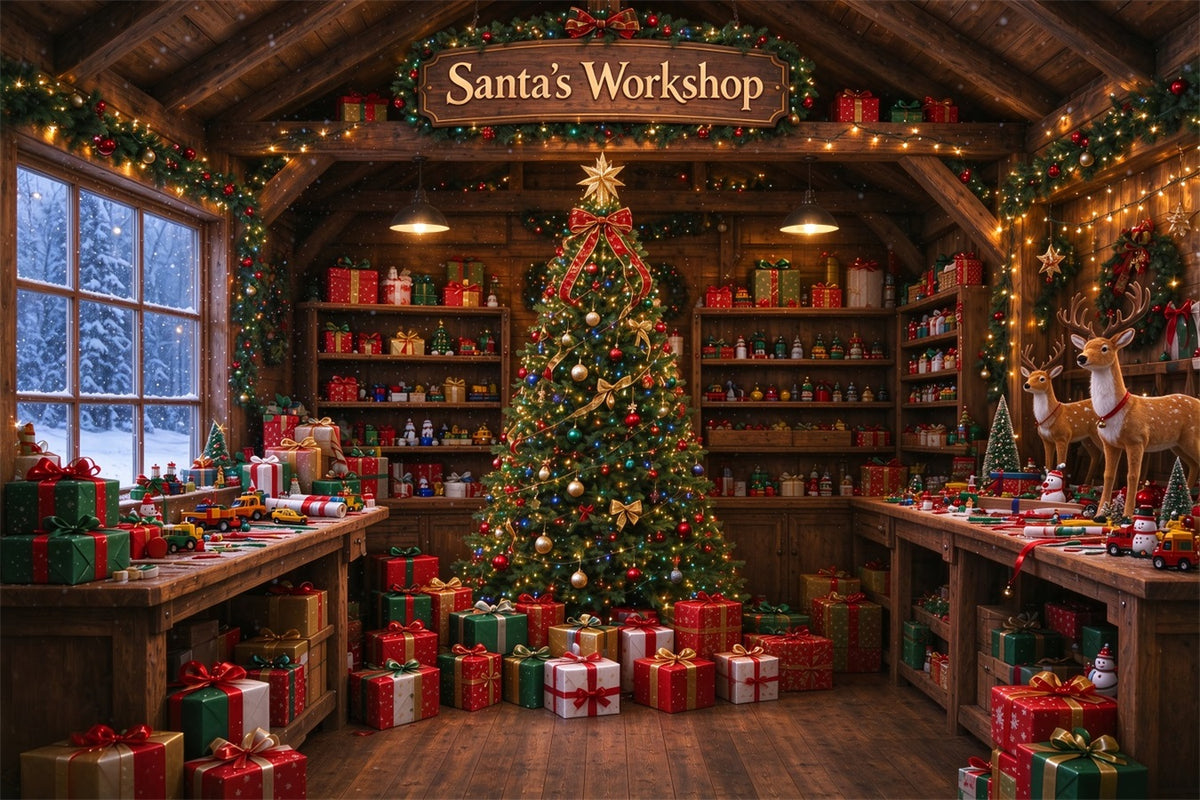 Santa Workshop Backdrop Rustic Toymaking Workshop Interior Christmas Backdrops for Photography ZTT610-9