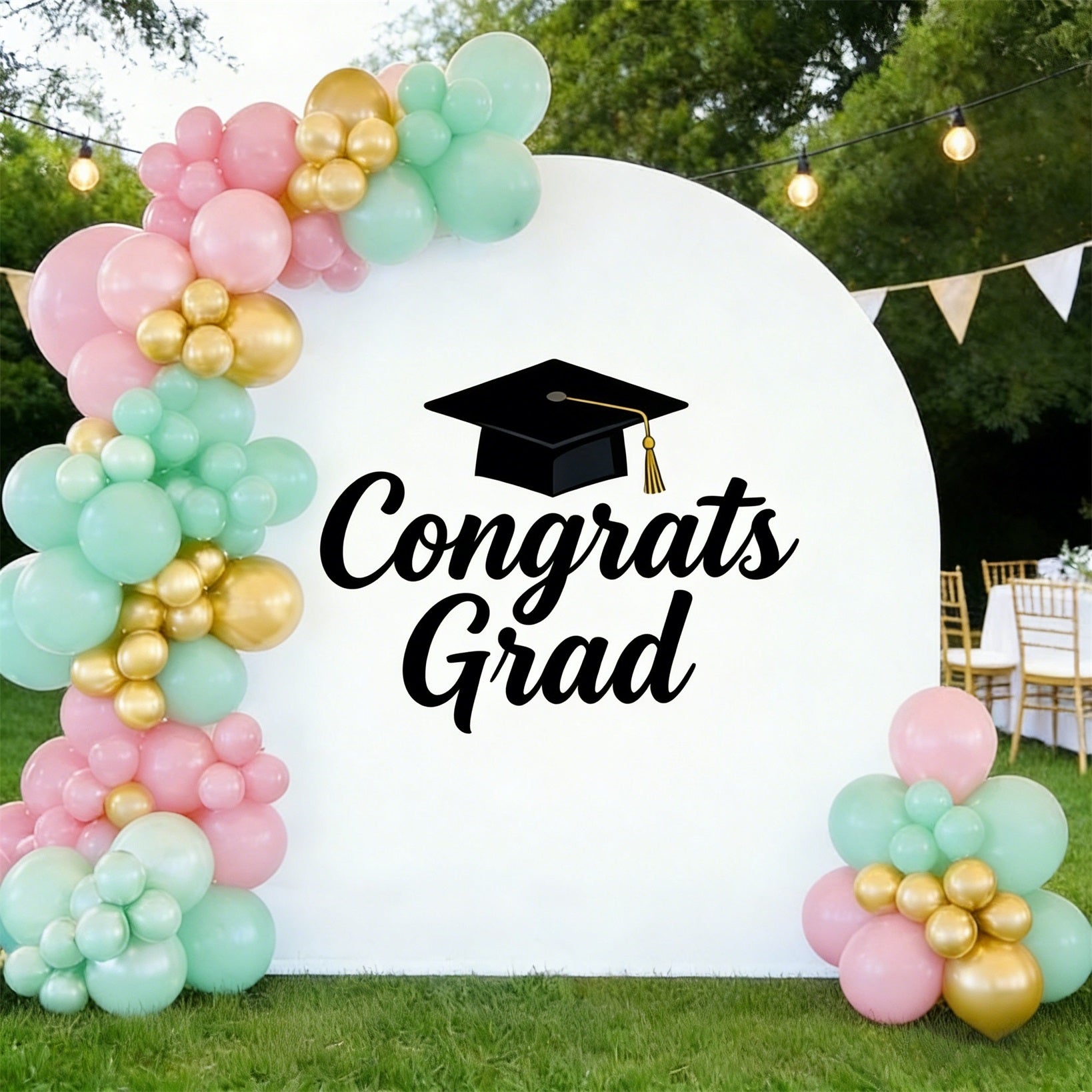 Large Graduation Arch Backdrop White Black Cap Grad Accent Extra Large Graduation Arch Backdrop ZTT64-12