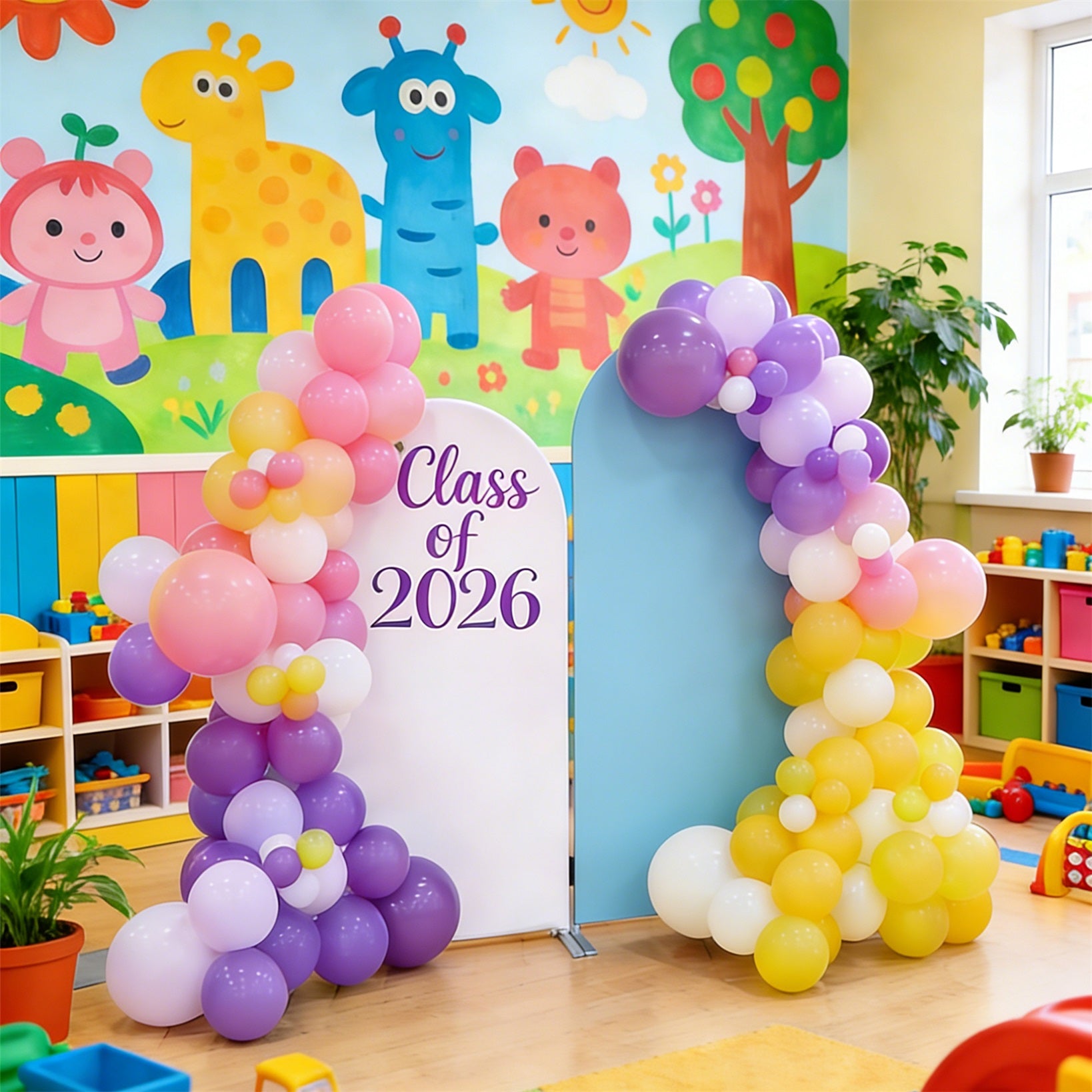 Prek Graduation Arch Backdrop White Purple Dual Arch Kindergarten Graduation Arch Backdrop ZTT64-19