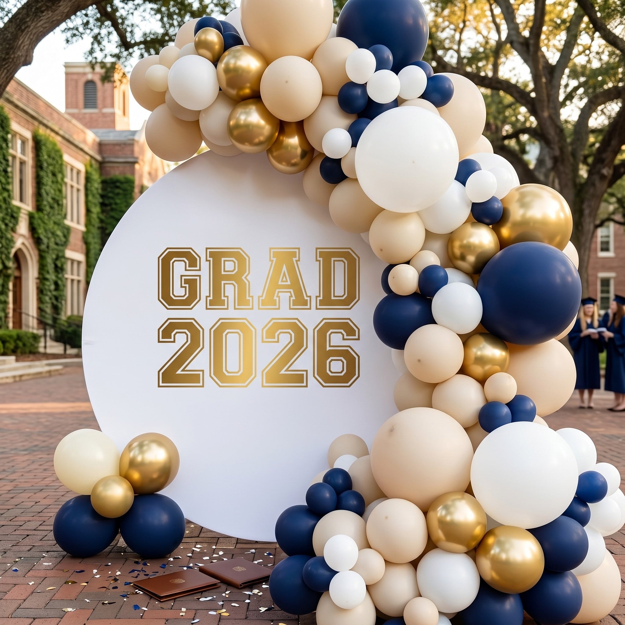 College Graduation Round Backdrop Light Gray Gold Varsity Grad University Graduation Round Backdrop ZTT64-35