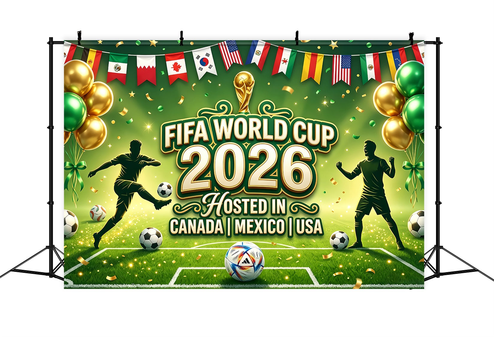 International Soccer Fan Backdrop Green Gold Balloons Player Silhouettes Football Watch Party Backdrop ZTT64-63