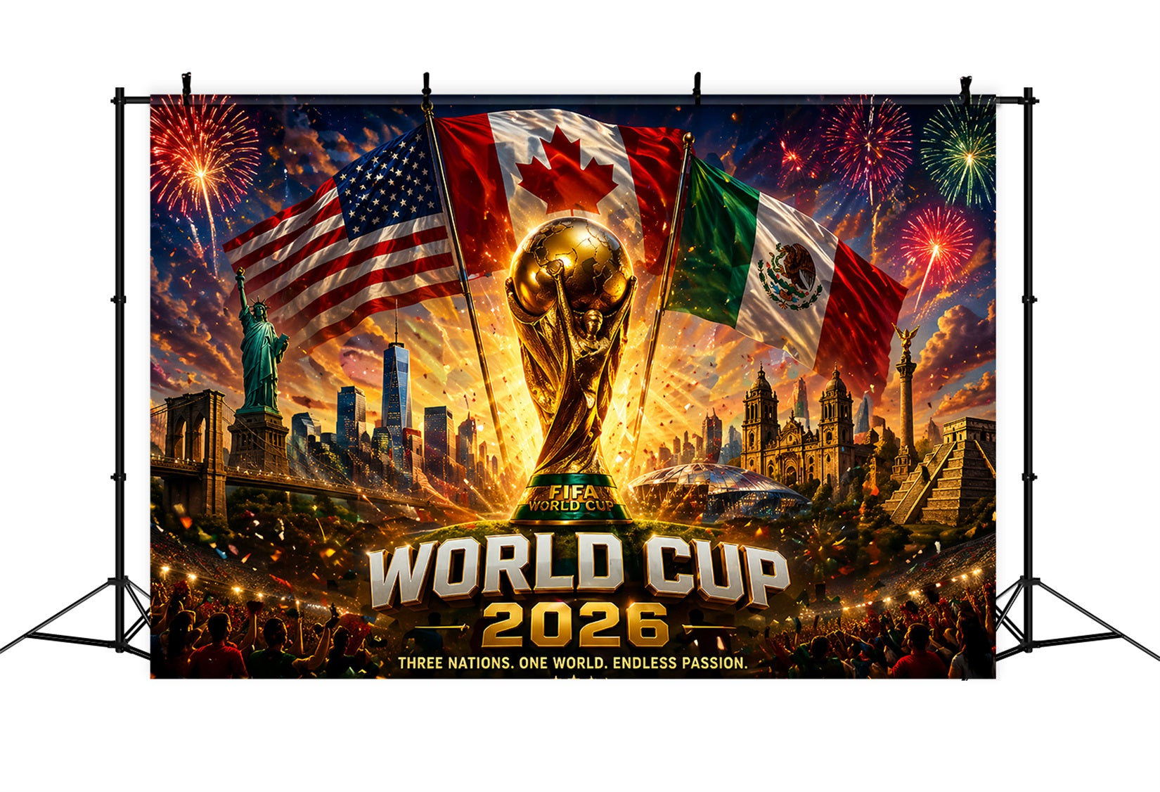 North America Football Celebration Three Nations Flags Trophy Fireworks North America Soccer Fan Backdrop ZTT64-65