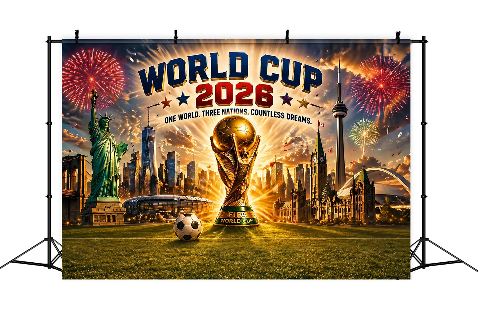 North America Soccer Fever Backdrop Landmark Skyline Trophy Fireworks Soccer Night Photo Booth Backdrop ZTT64-66