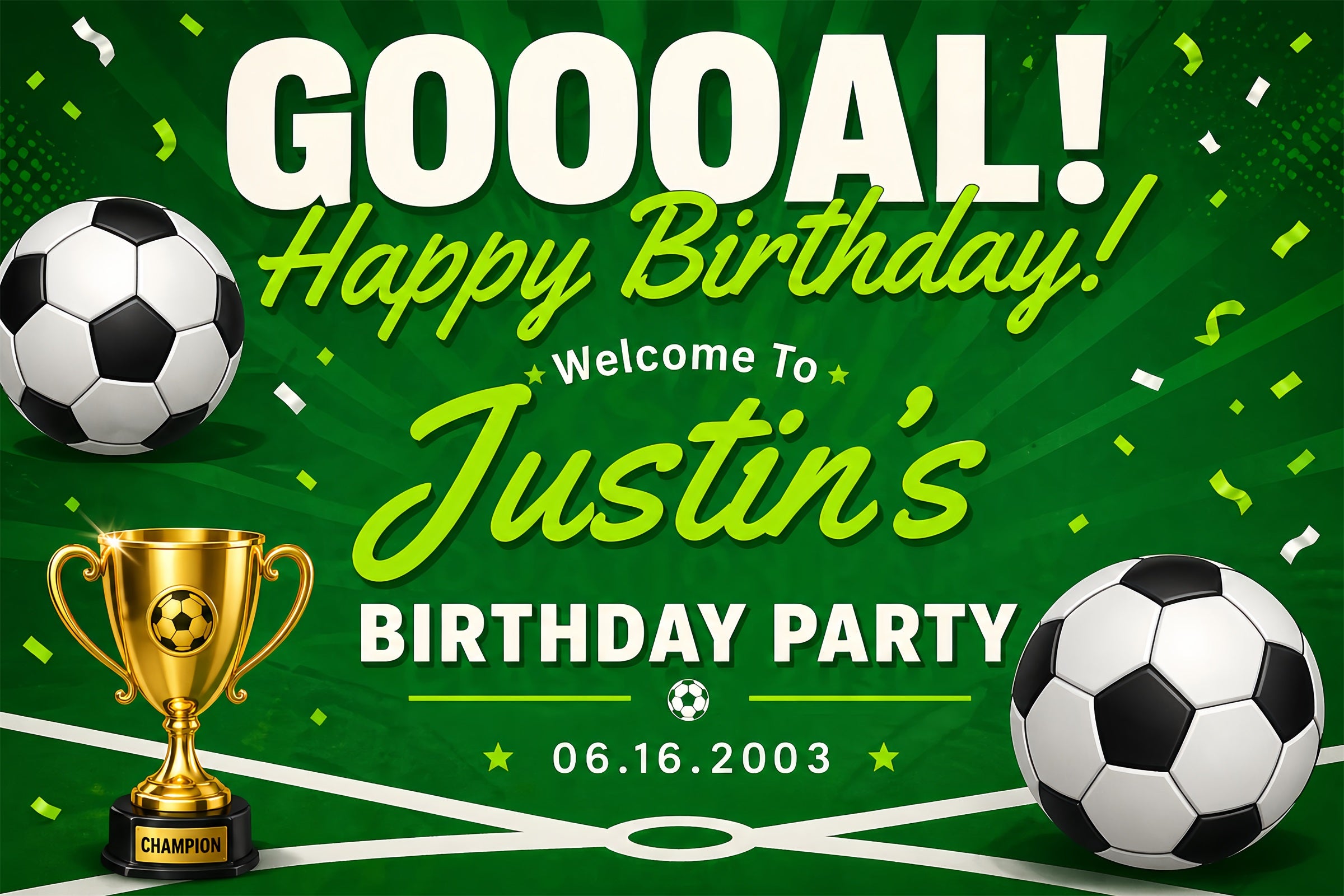 Little Champion Backdrop Neon Goal Trophy Soccerballs Champion Personalized 2026 Soccer Party Backdrop ZTT64-68