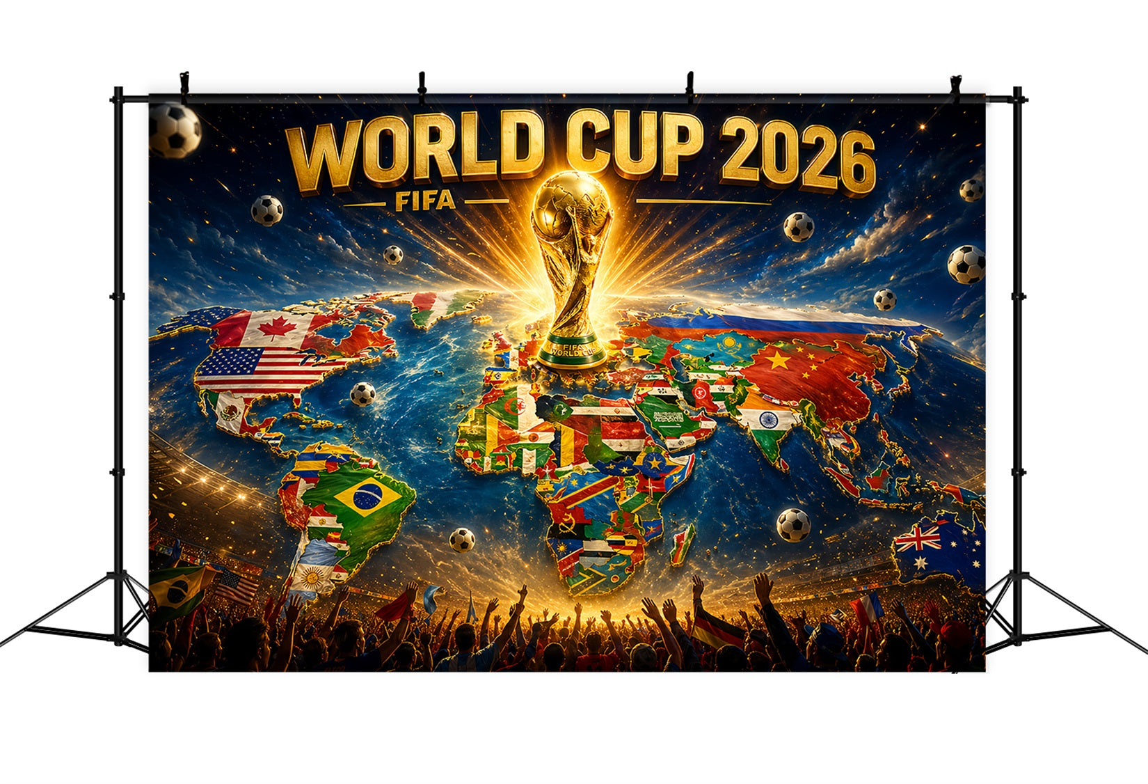 MVP Party Backdrop Global Flag Map Trophy Crowd Personalized 2026 Soccer Party Backdrop ZTT64-70