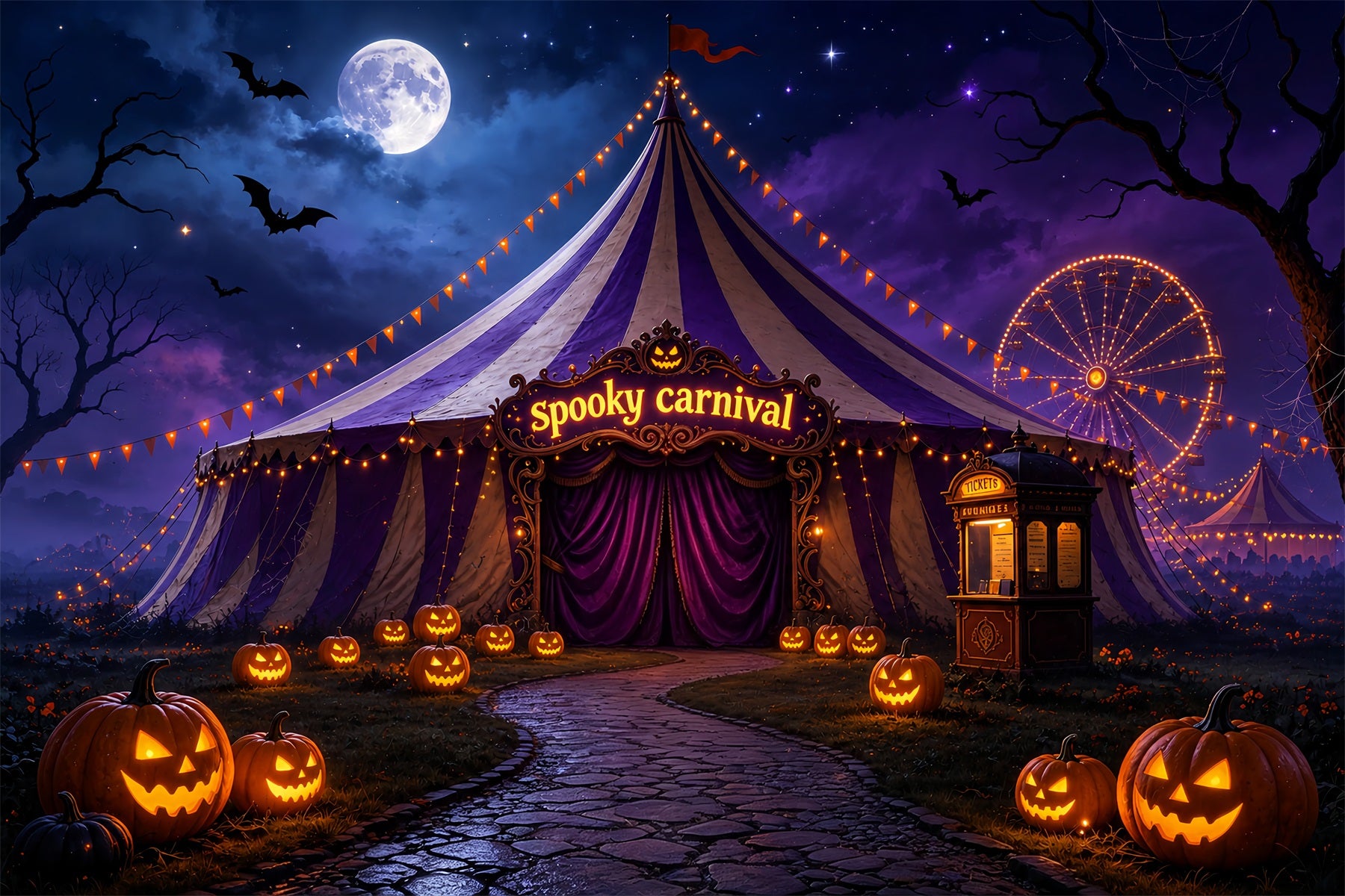 Halloween Carnival Backdrop Moonlit Pumpkin Carnival Tent DIY Halloween Backdrop ZTT67-10