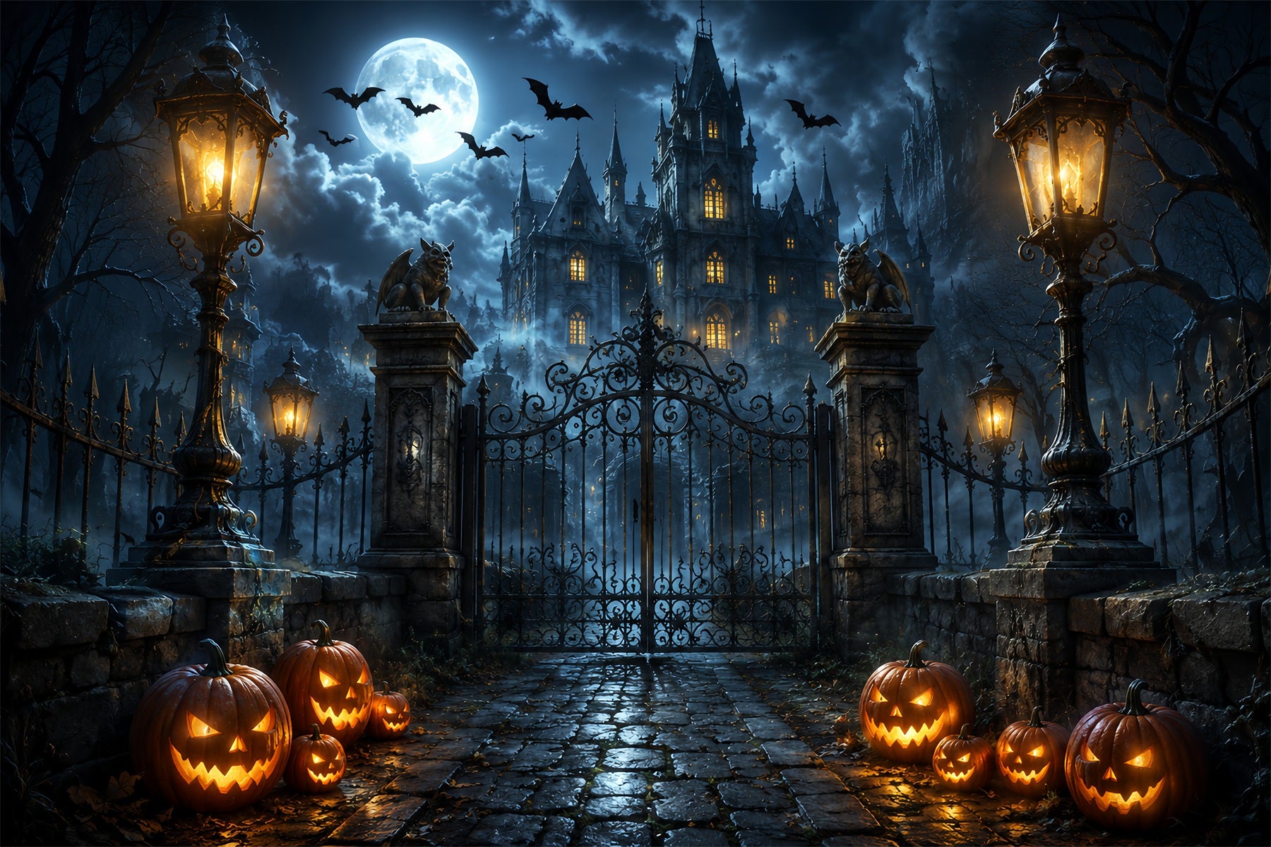 Halloween Backdrop Photography Gothic Castle Pumpkin Gateway Halloween Scary Backdrop ZTT67-12