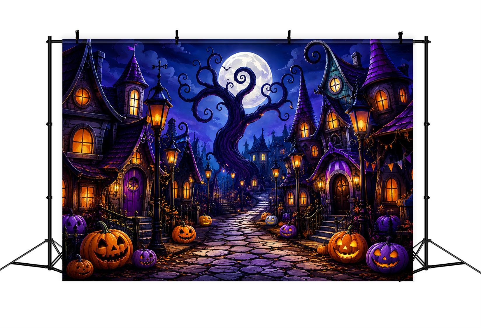 Halloween Scene Backdrop Whimsical Pumpkin Village Street Backdrop For Halloween ZTT67-16
