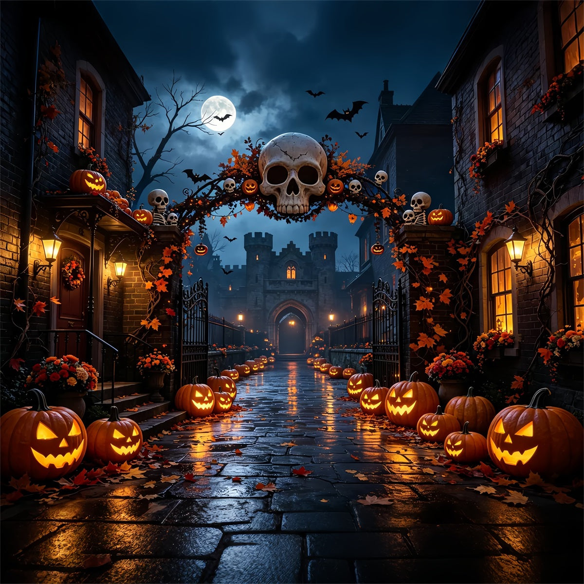 Halloween Party Backdrops Skull Arch Pumpkin Street Halloween Photo Booth Backdrop ZTT67-27