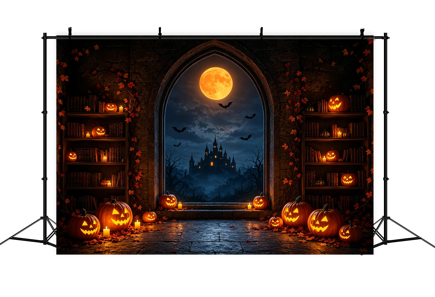 Halloween Moon Backdrop Pumpkin Library Castle Window Halloween Photo Backdrops ZTT67-28