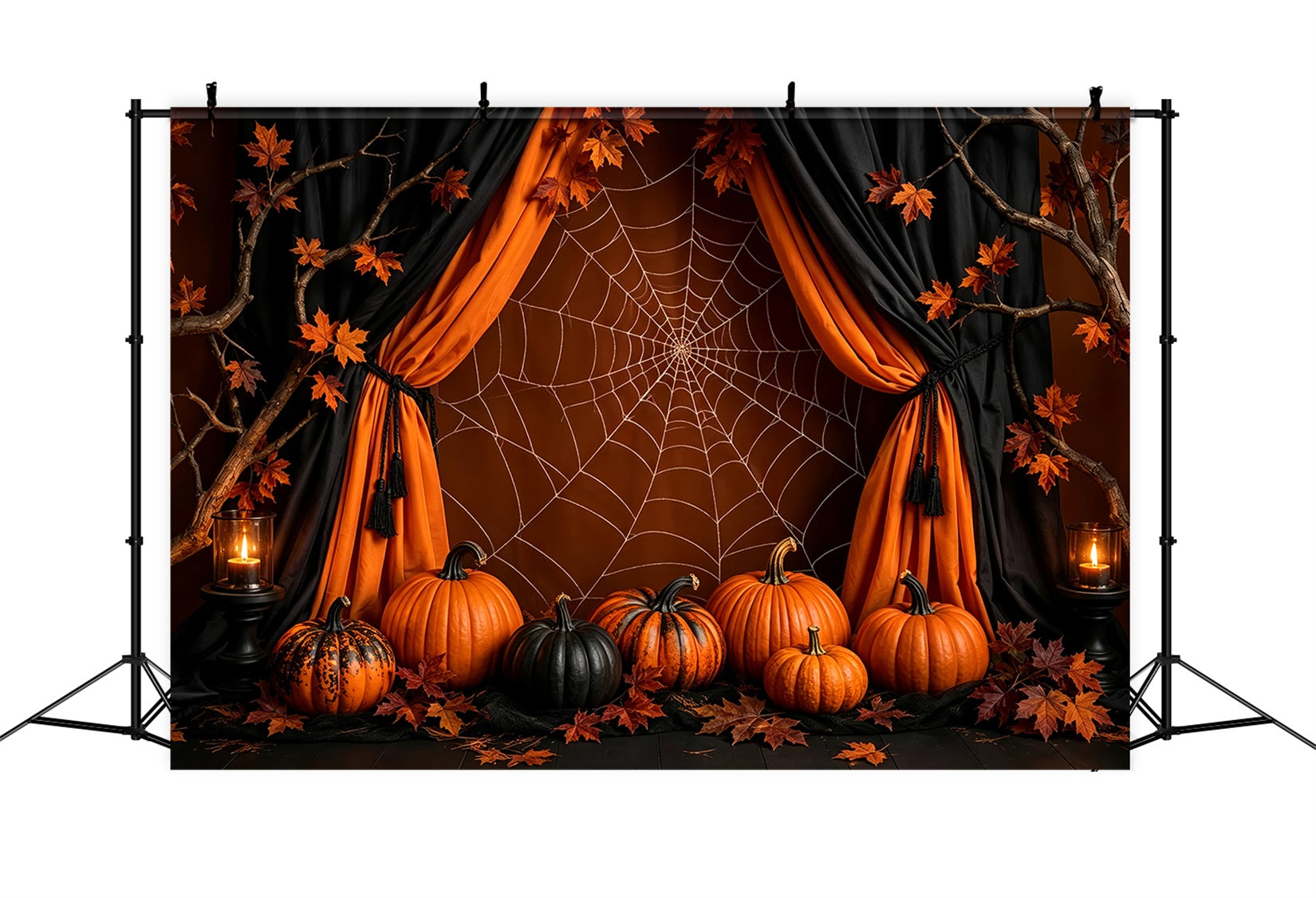 Halloween Pumpkin Backdrop Orange Spiderweb Pumpkin Drapery Halloween Photo Backdrop Ideas ZTT67-32