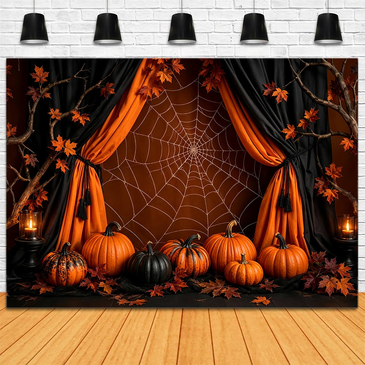 Halloween Pumpkin Backdrop Orange Spiderweb Pumpkin Drapery Halloween Photo Backdrop Ideas ZTT67-32