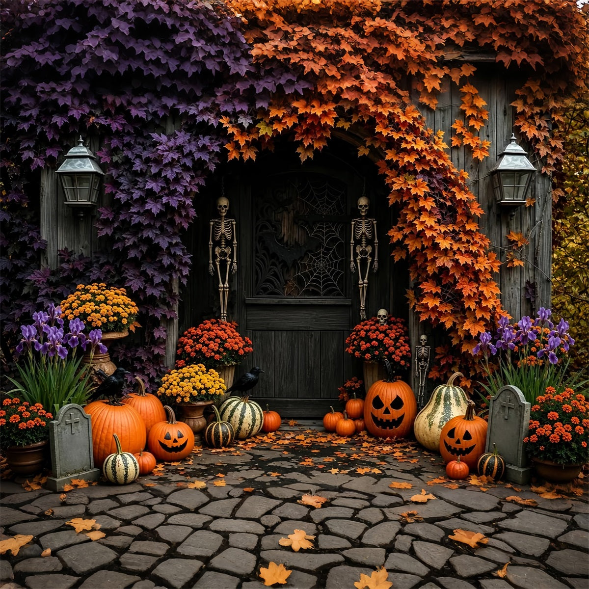 Fall Halloween Backdrop Skeleton Pumpkin Floral Doorway Scary Halloween Backdrops ZTT67-37