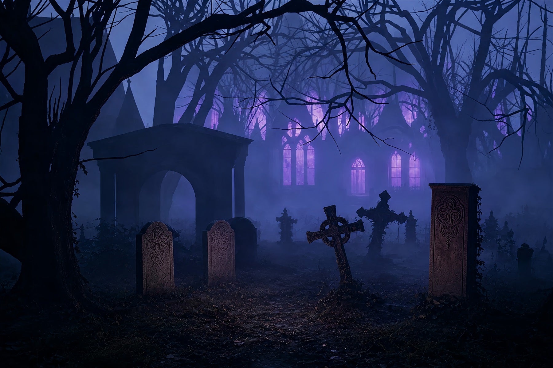 Halloween Graveyard Backdrops Foggy Purple Graveyard Ruins Photo Booth Halloween Backdrop ZTT67-42