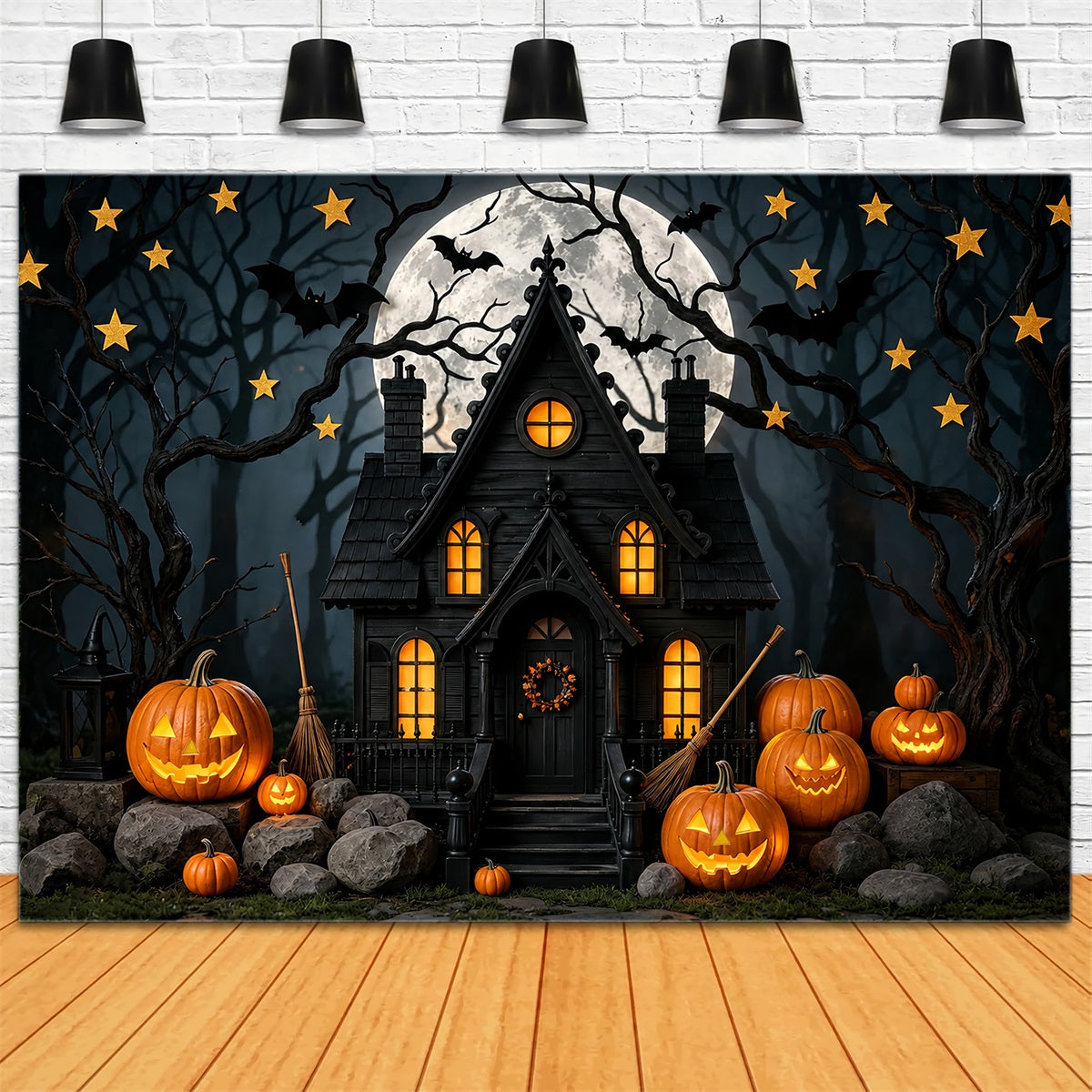 Halloween Backdrop For Photo Booth Moonlit Pumpkin Haunted Cottage Cute Halloween Backdrop ZTT67-43