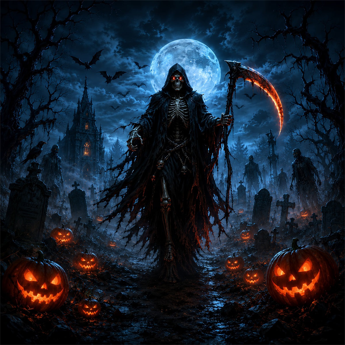 Halloween Garage Backdrop Moonlit Reaper Pumpkin Graveyard Backdrops For Halloween ZTT67-45