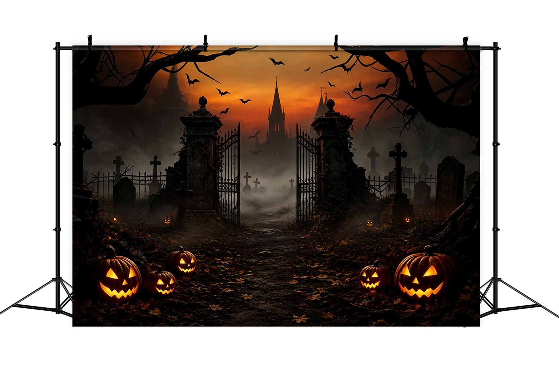 Halloween House Backdrop Foggy Pumpkin Cemetery Gateway Halloween Cemetery Backdrop ZTT67-47