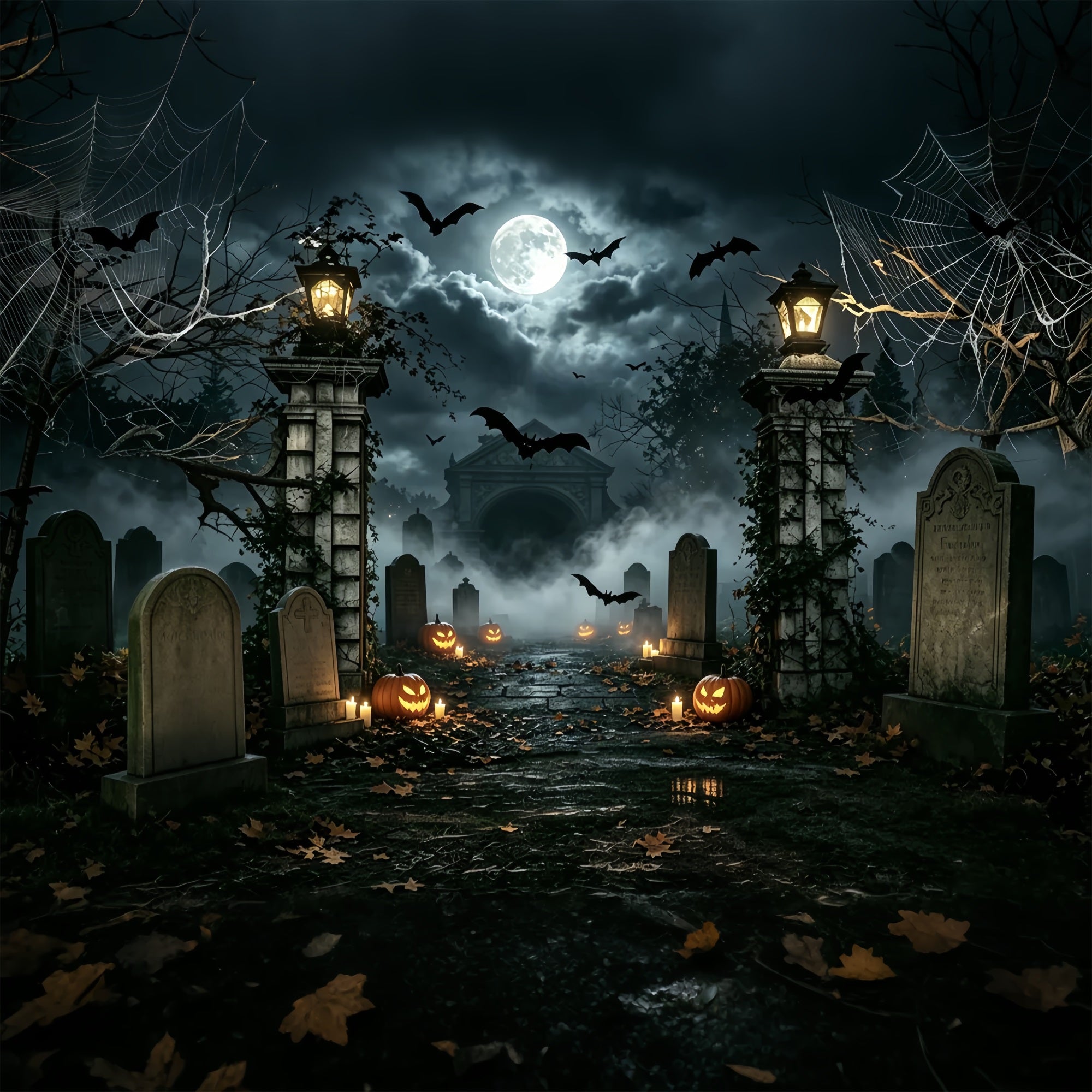 Halloween Balloon Backdrop Spiderweb Pumpkin Cemetery Entrance Halloween Themed Backdrop ZTT67-50