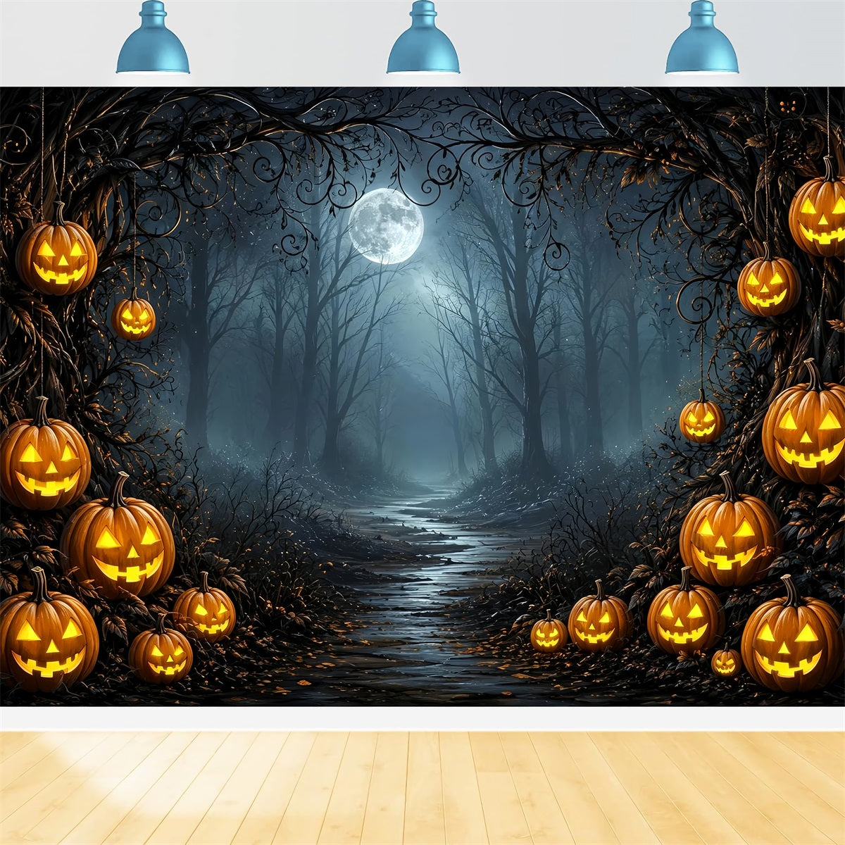 Starry Night Halloween Backdrop Moonlit Pumpkin Forest Path Halloween Party Backdrop Ideas ZTT67-51