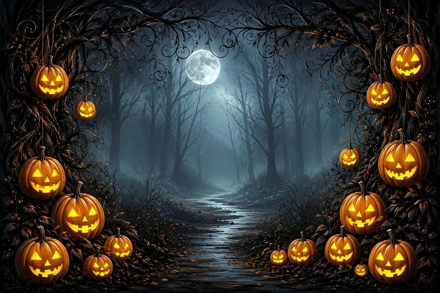 Starry Night Halloween Backdrop Moonlit Pumpkin Forest Path Halloween Party Backdrop Ideas ZTT67-51