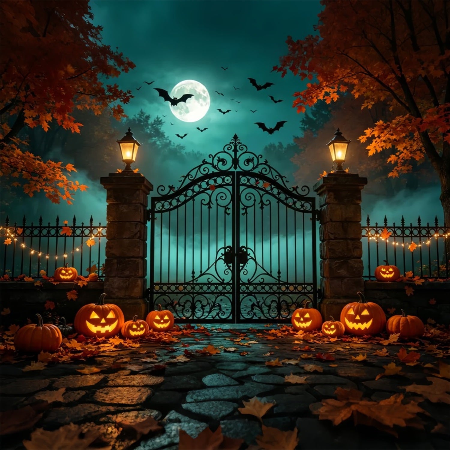 Halloween Backdrop With Pumpkins And Bats Autumn Iron Gateway Diy Halloween Photo Booth Backdrop ZTT67-53