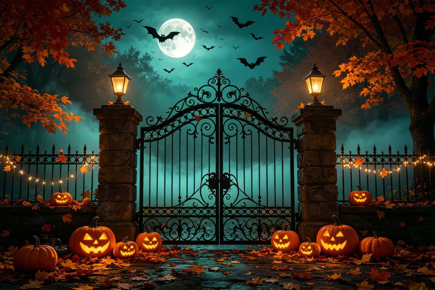 Halloween Backdrop With Pumpkins And Bats Autumn Iron Gateway Diy Halloween Photo Booth Backdrop ZTT67-53