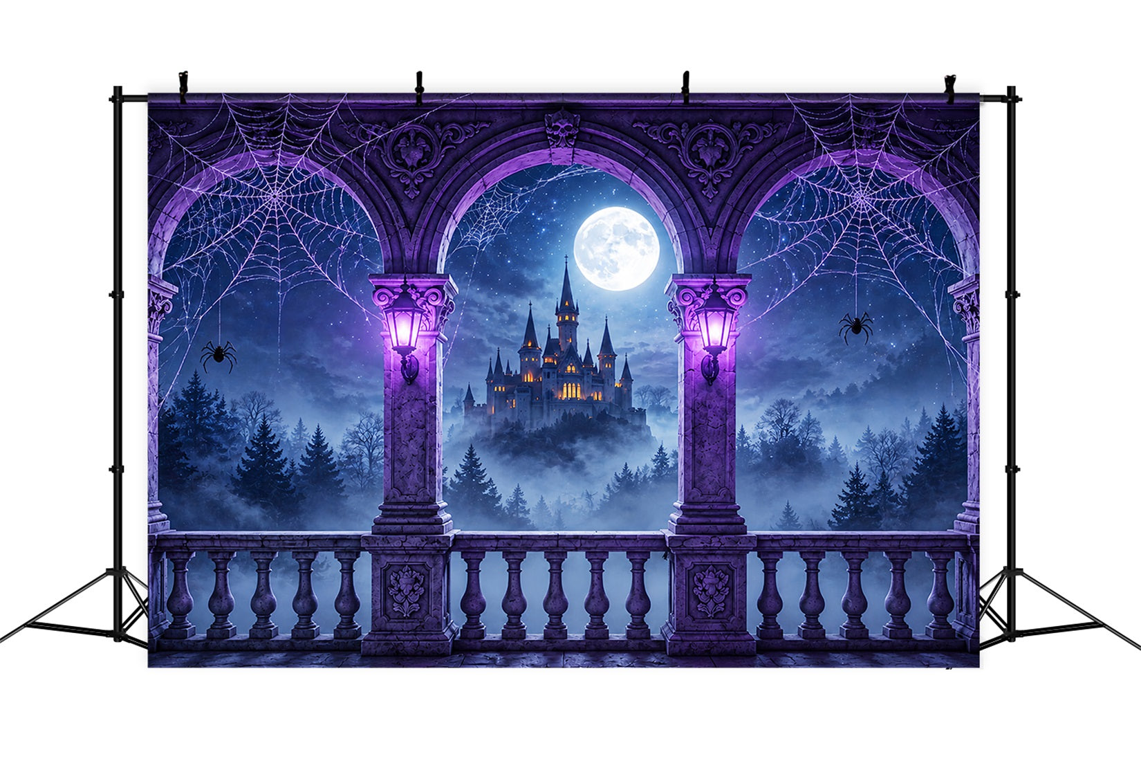 Backdrop Spider Purple Cobweb Castle Balcony Halloween Backdrop Photography ZTT67-54