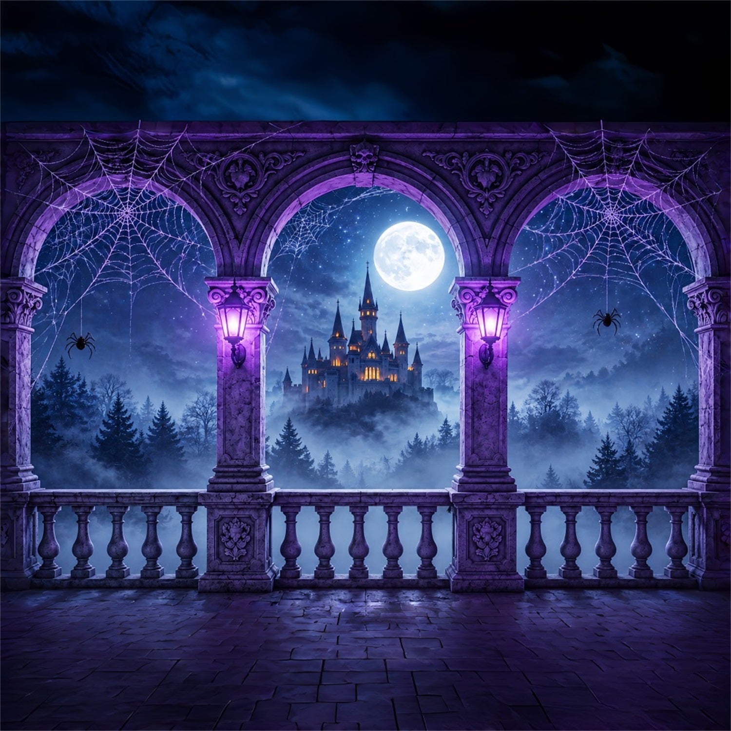 Backdrop Spider Purple Cobweb Castle Balcony Halloween Backdrop Photography ZTT67-54