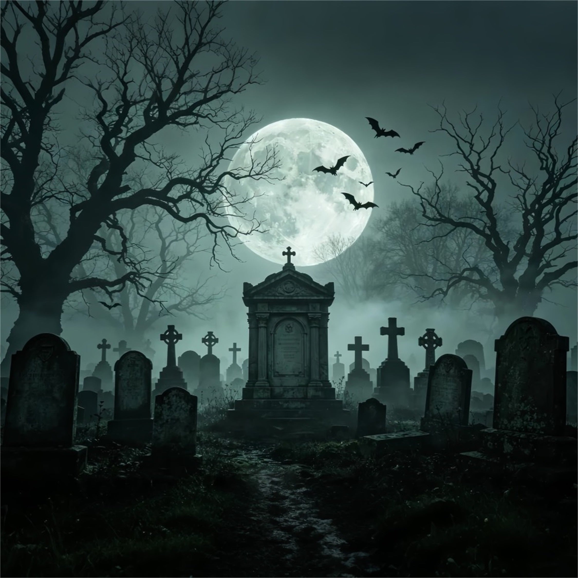 Halloween Backdrop Balloon Moonlit Foggy Graveyard Monument Halloween Cloth Backdrop ZTT67-56
