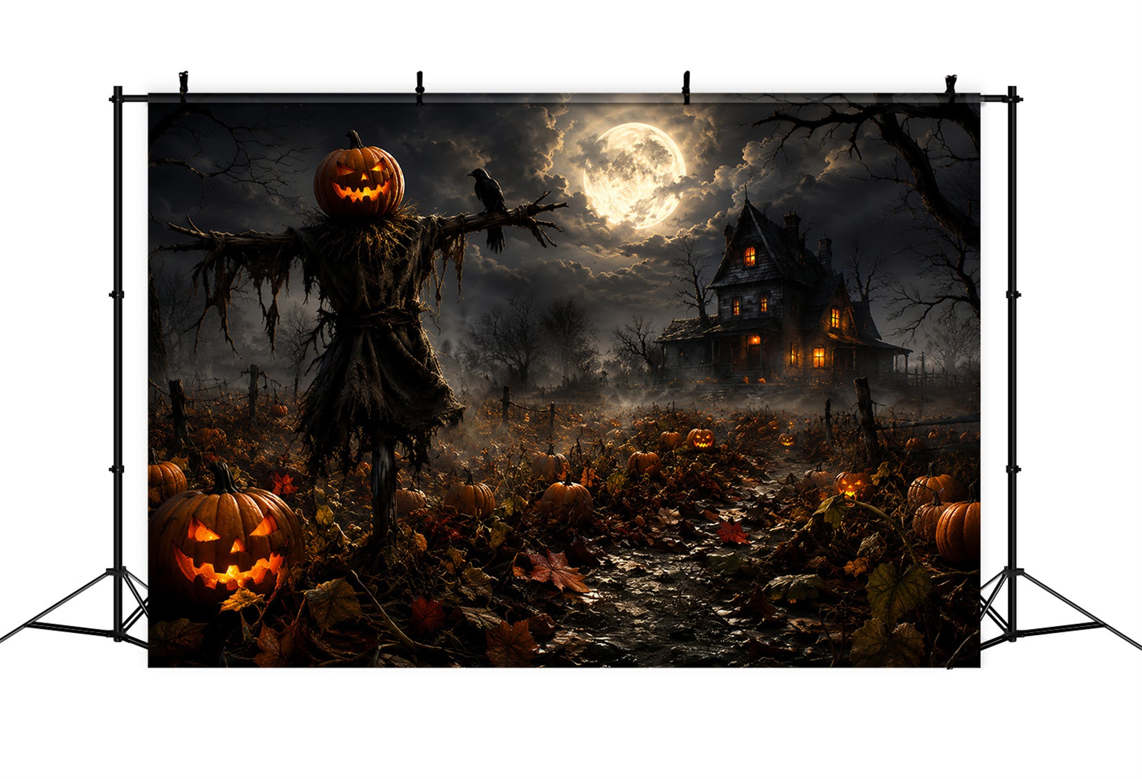 Pumpkin Patch Back Drop Moonlit Scarecrow Farmhouse Halloween Backdrop Ideas Diy ZTT67-58