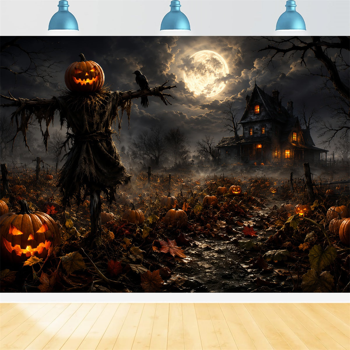 Pumpkin Patch Back Drop Moonlit Scarecrow Farmhouse Halloween Backdrop Ideas Diy ZTT67-58